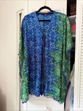 Blue & Green Tie-Dye Swim Coverup with Pom Trim